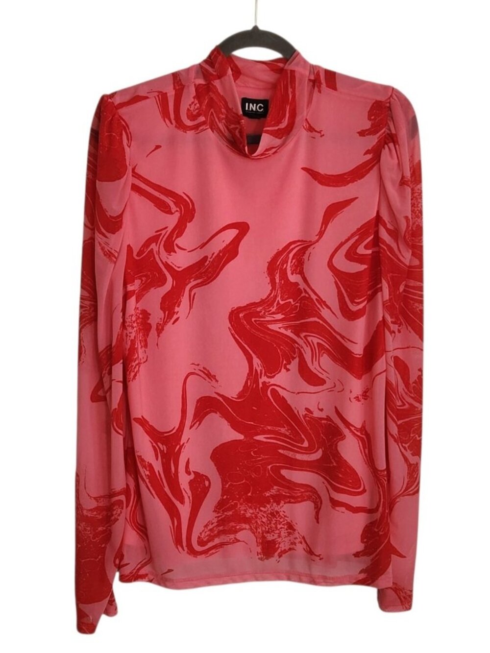 INC Pink and Red Abstract Print Mesh Mock Neck Top Size XXL